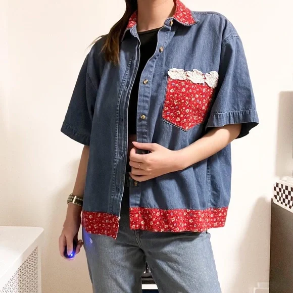 Vintage PTNY Denim Chambray and Calico Short Sleeve Button Up Blouse - Picture 3 of 4